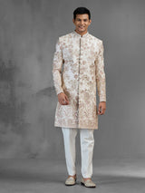 Light peach raw silk sherwani with garden embroidery