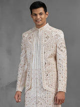 Cream silk open front sherwani with elegant detailing