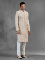 Rose gold raw silk sherwani with dense embroidery