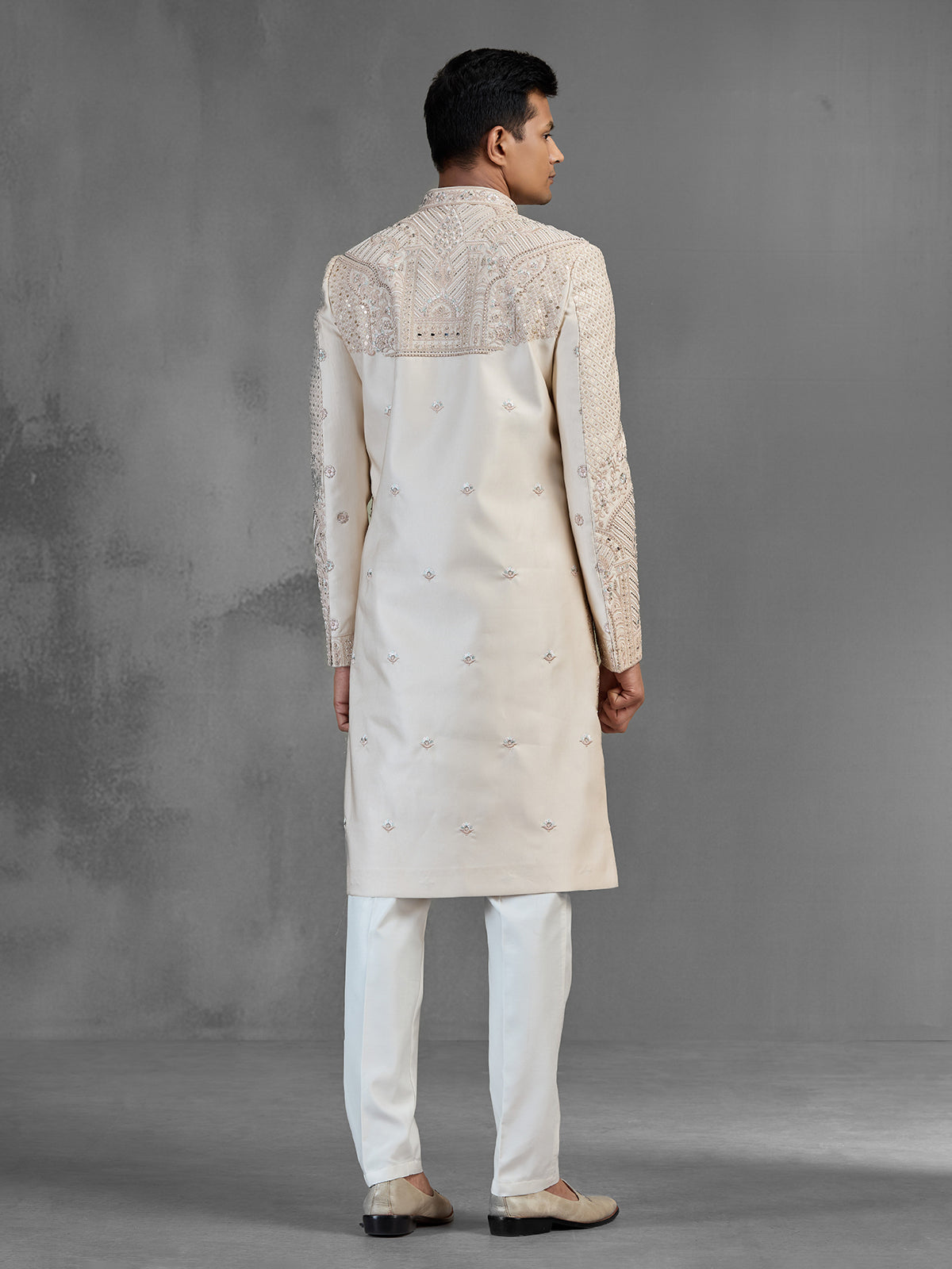 Rose gold raw silk sherwani with dense embroidery