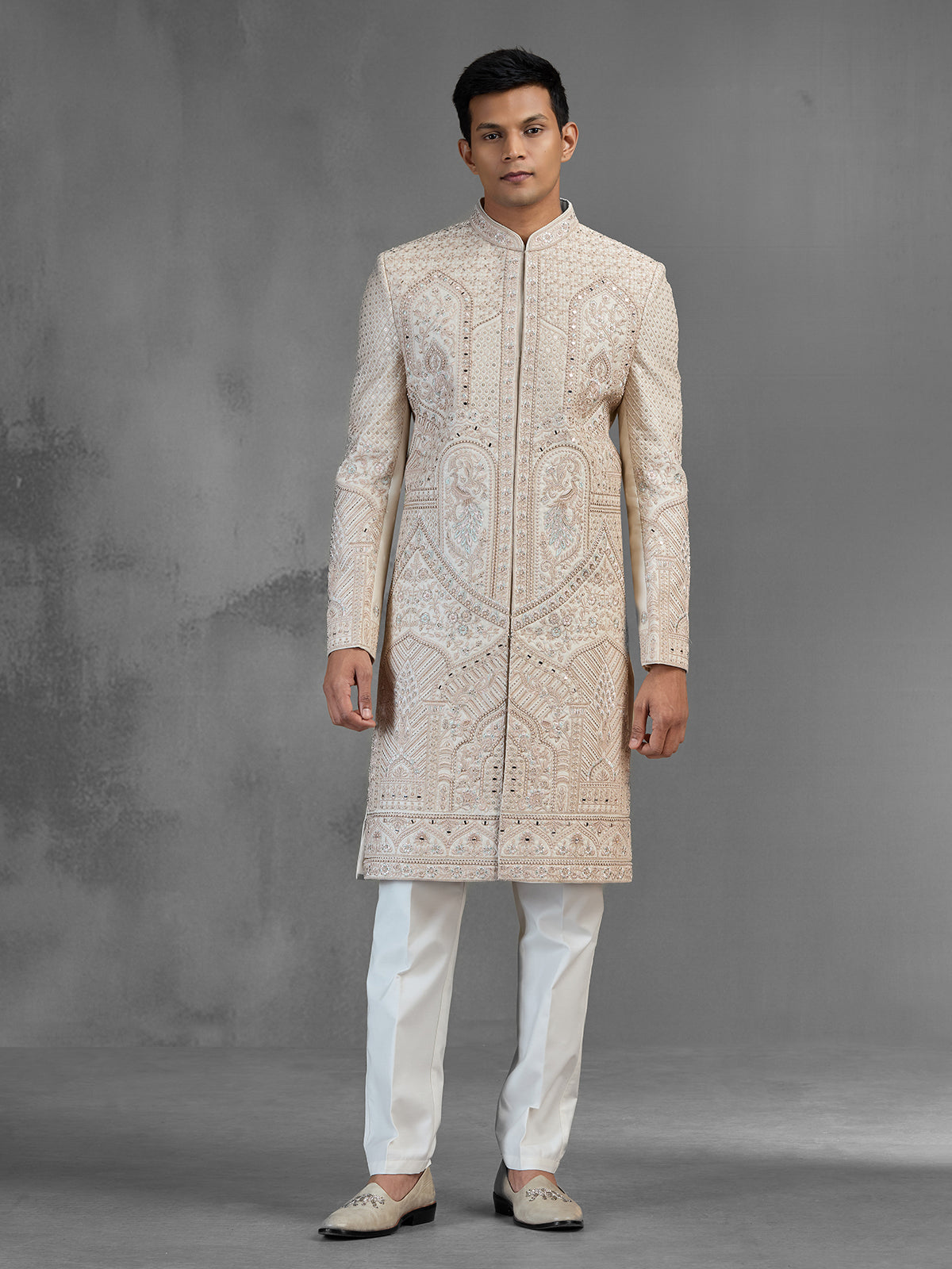 Cream gold raw silk sherwani with sequined peacocks