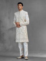 Ivory raw silk sherwani with jharokha paisley embroidery