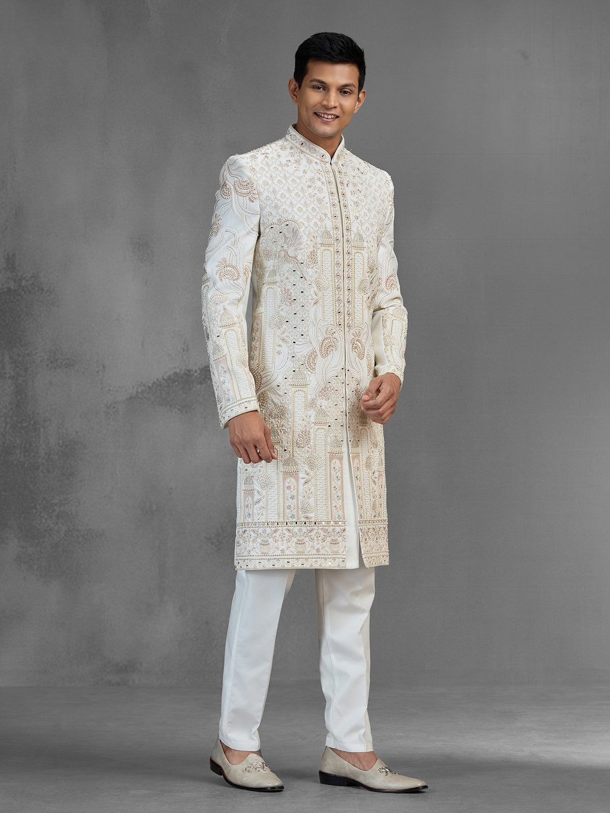 Ivory raw silk sherwani with jharokha paisley embroidery