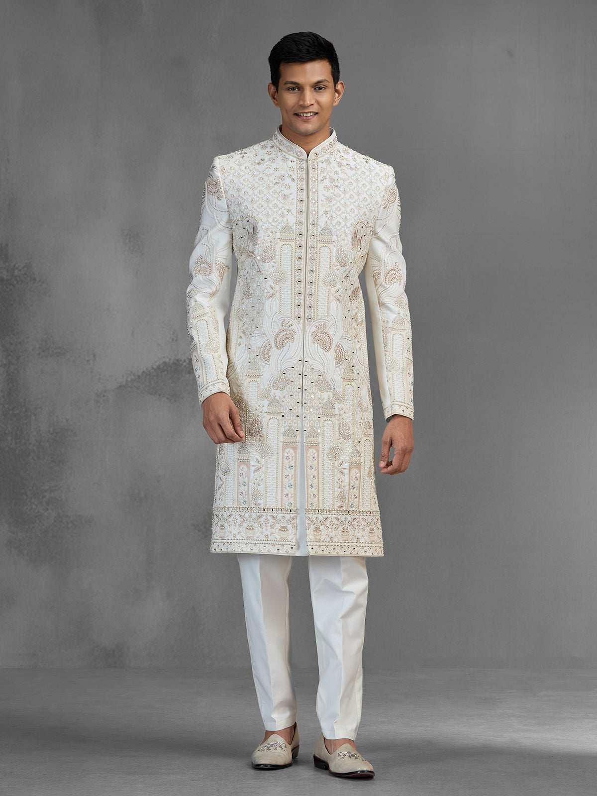 Ivory raw silk sherwani with jharokha paisley embroidery
