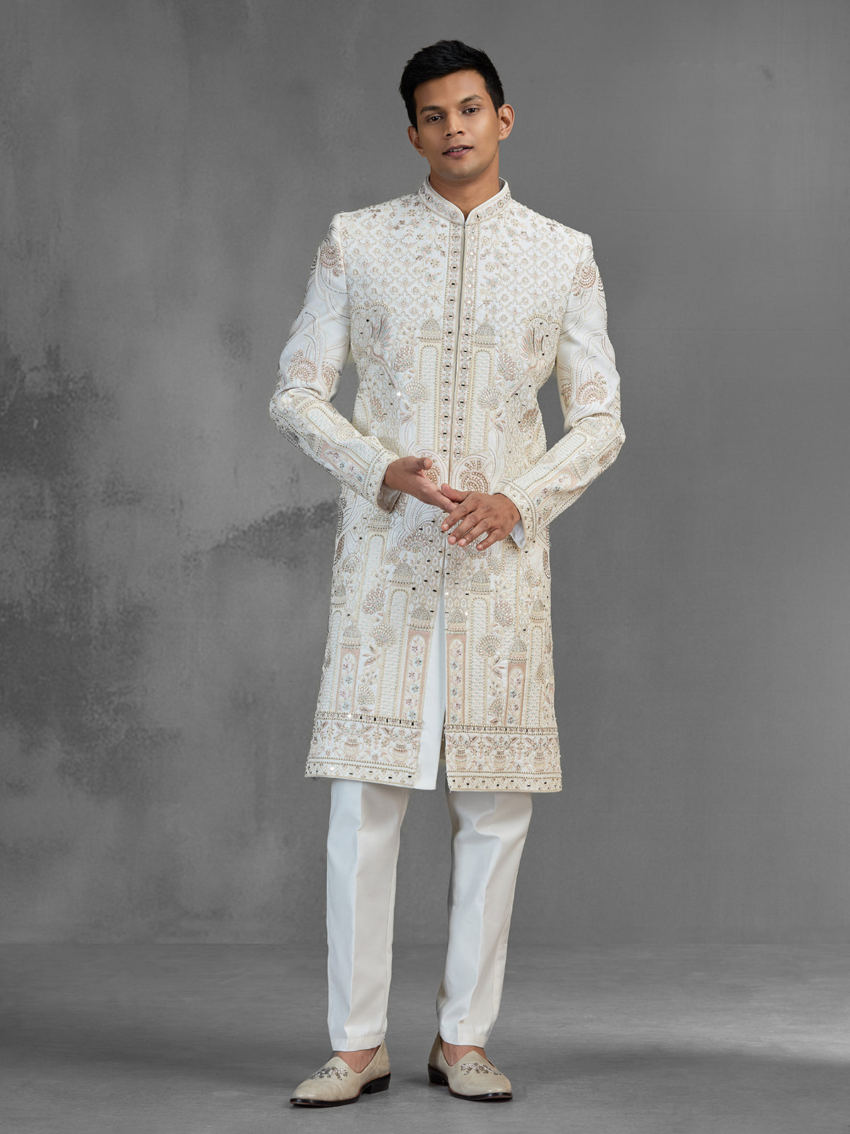 Ivory raw silk sherwani with jharokha paisley embroidery