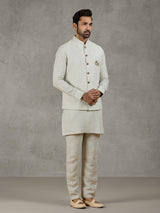 Beige linen waistcoat set with zari elephant embroidery