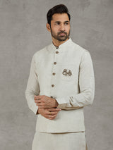 Beige linen waistcoat set with zari elephant embroidery