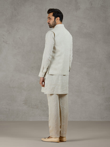 Beige linen waistcoat set with zari elephant embroidery