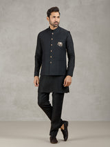 Black linen waistcoat set with zari elephant embroidery