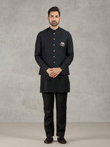 Black linen waistcoat set with zari elephant embroidery