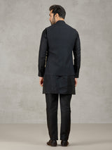 Black linen waistcoat set with zari elephant embroidery