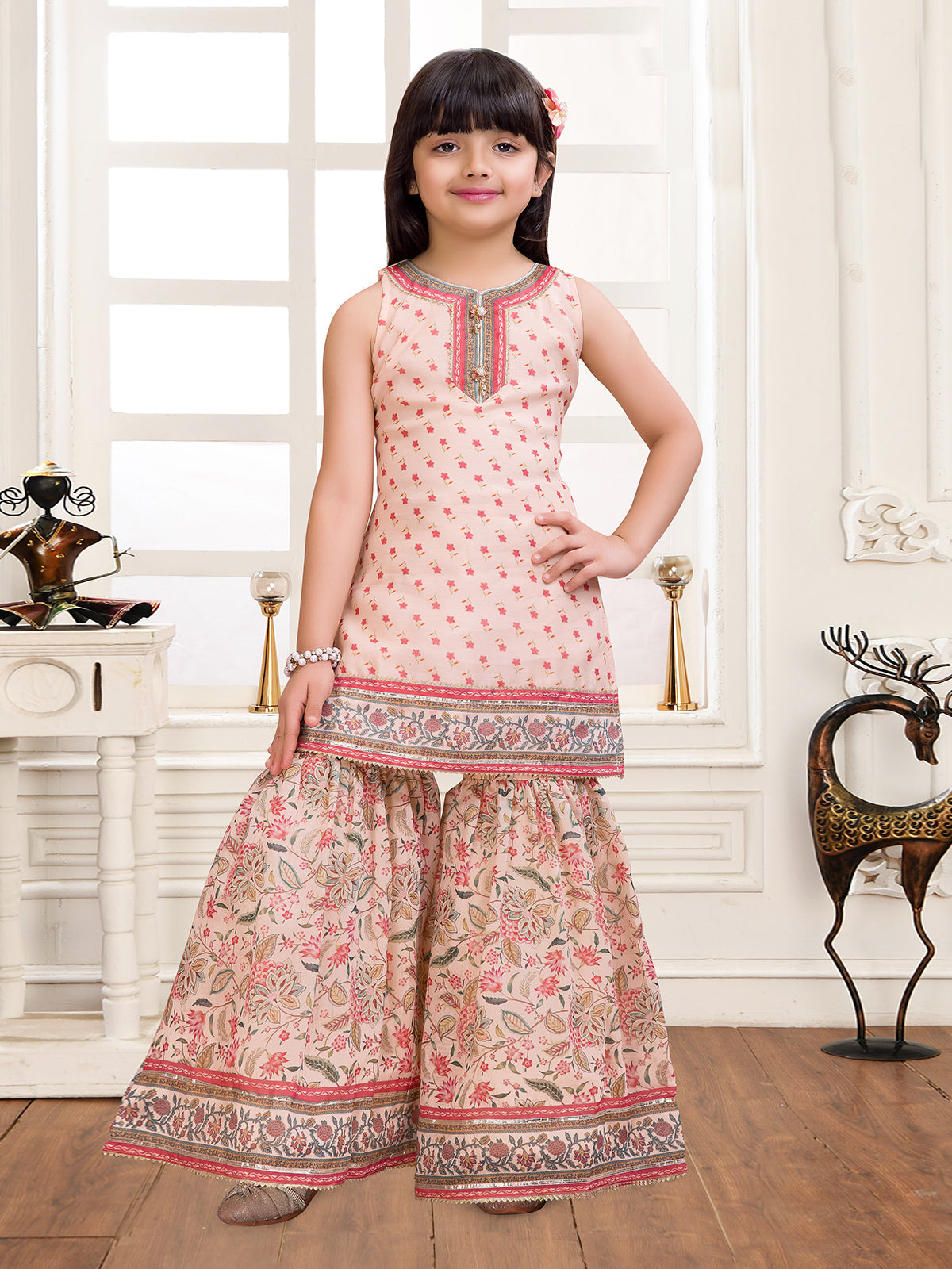 Cream floral sharara suit with gota detailing