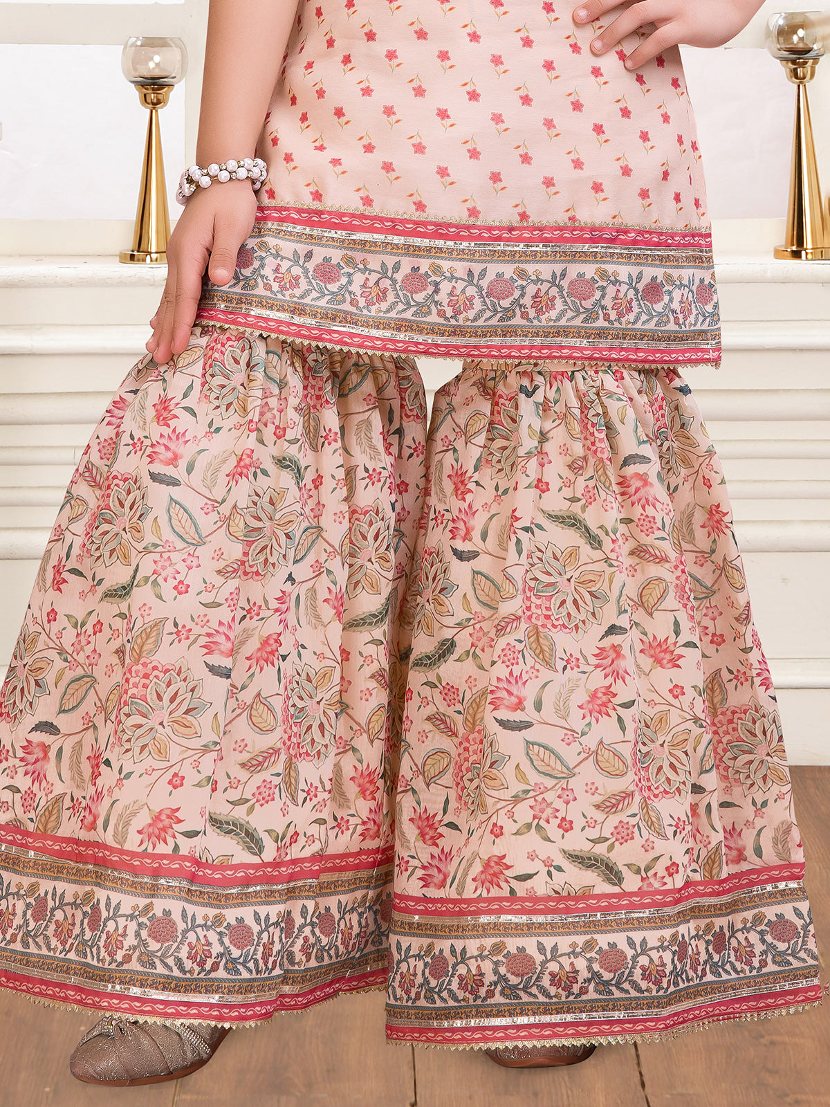 Cream floral sharara suit with gota detailing