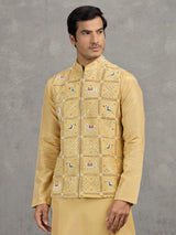 Yellow art silk embroidered waistcoat set