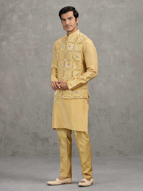 Yellow art silk embroidered waistcoat set