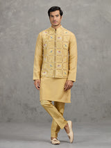 Yellow art silk embroidered waistcoat set