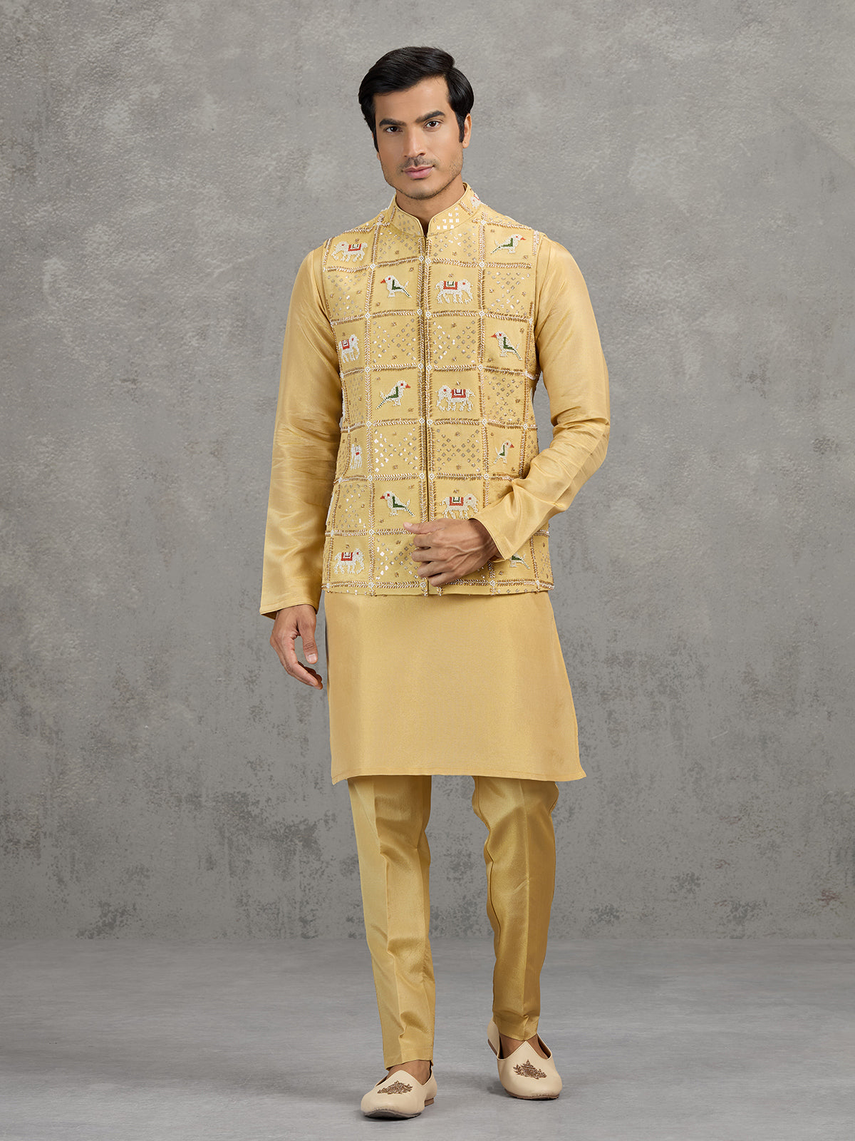 Yellow art silk embroidered waistcoat set