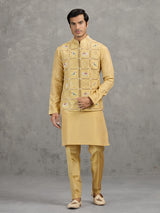 Yellow art silk embroidered waistcoat set