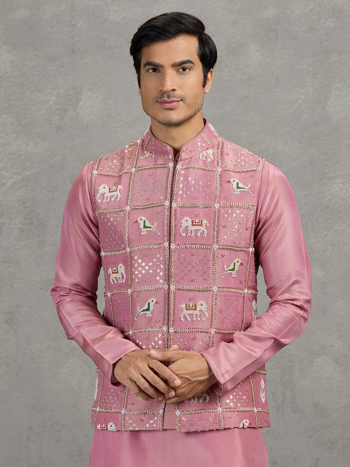Onion pink art silk waistcoat set