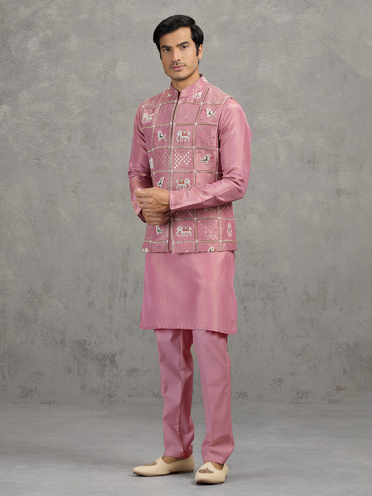 Onion pink art silk waistcoat set