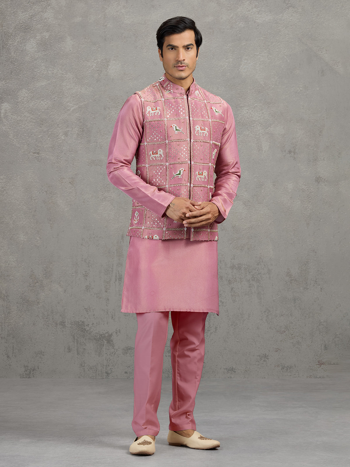 Onion pink art silk waistcoat set