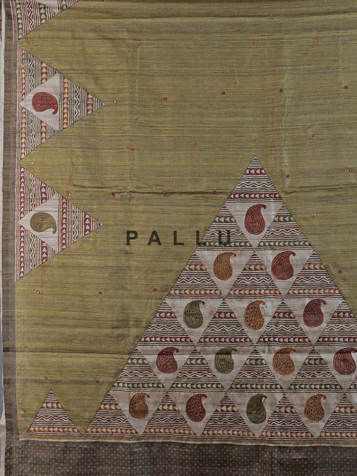 Mehendi olive cotton silk saree with sequin and print