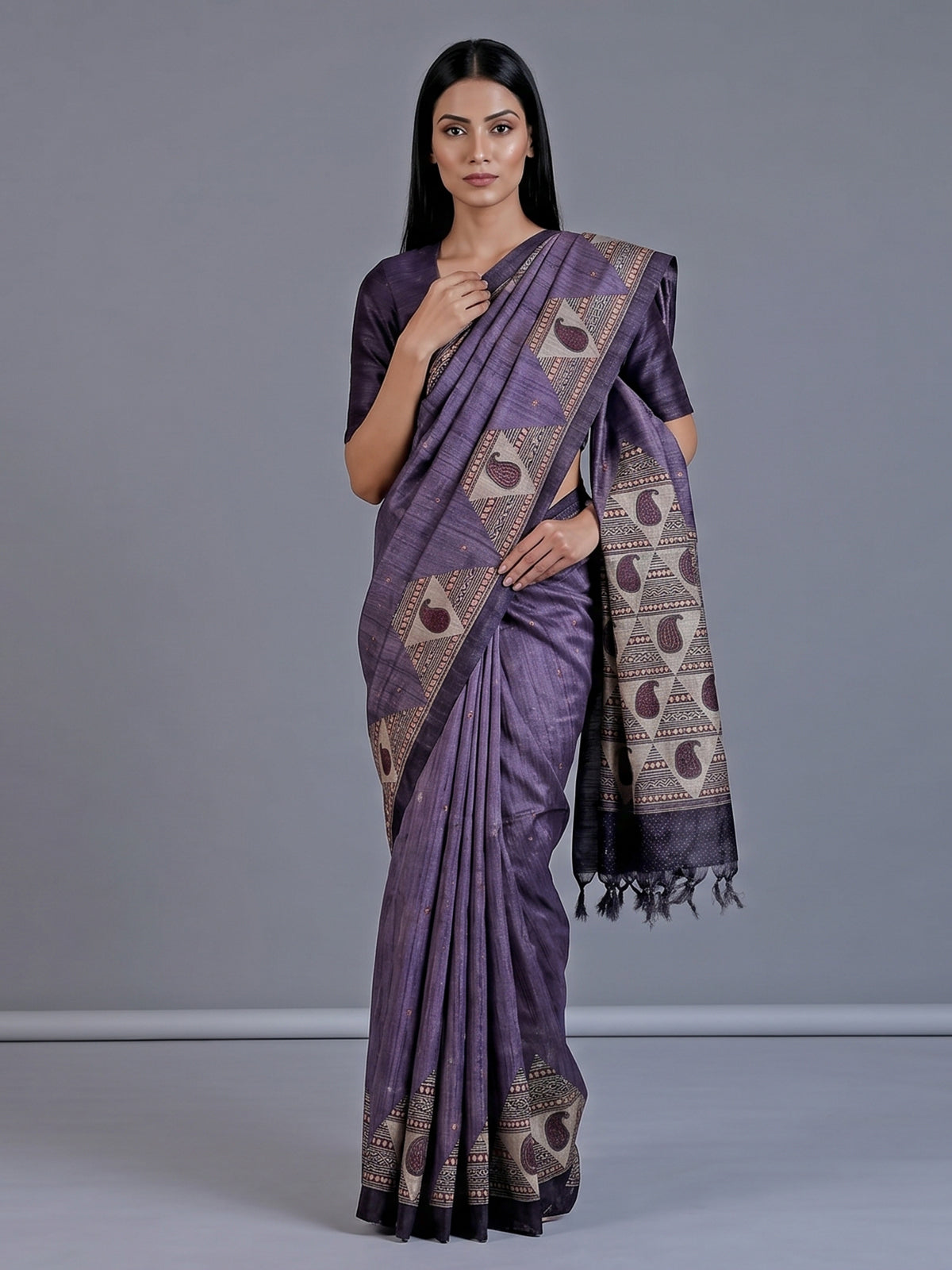 Purple cotton silk saree with printed sequin design