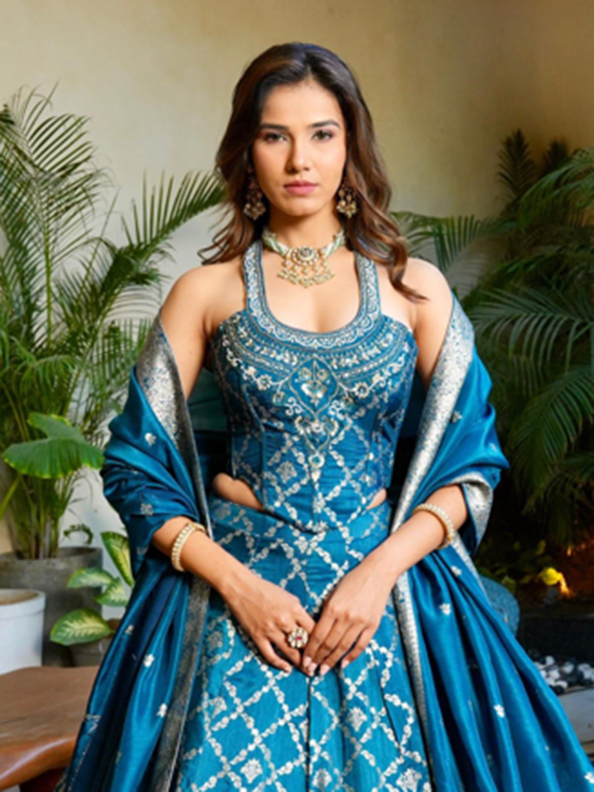 Blue silk lehenga choli with zari embellished elegance