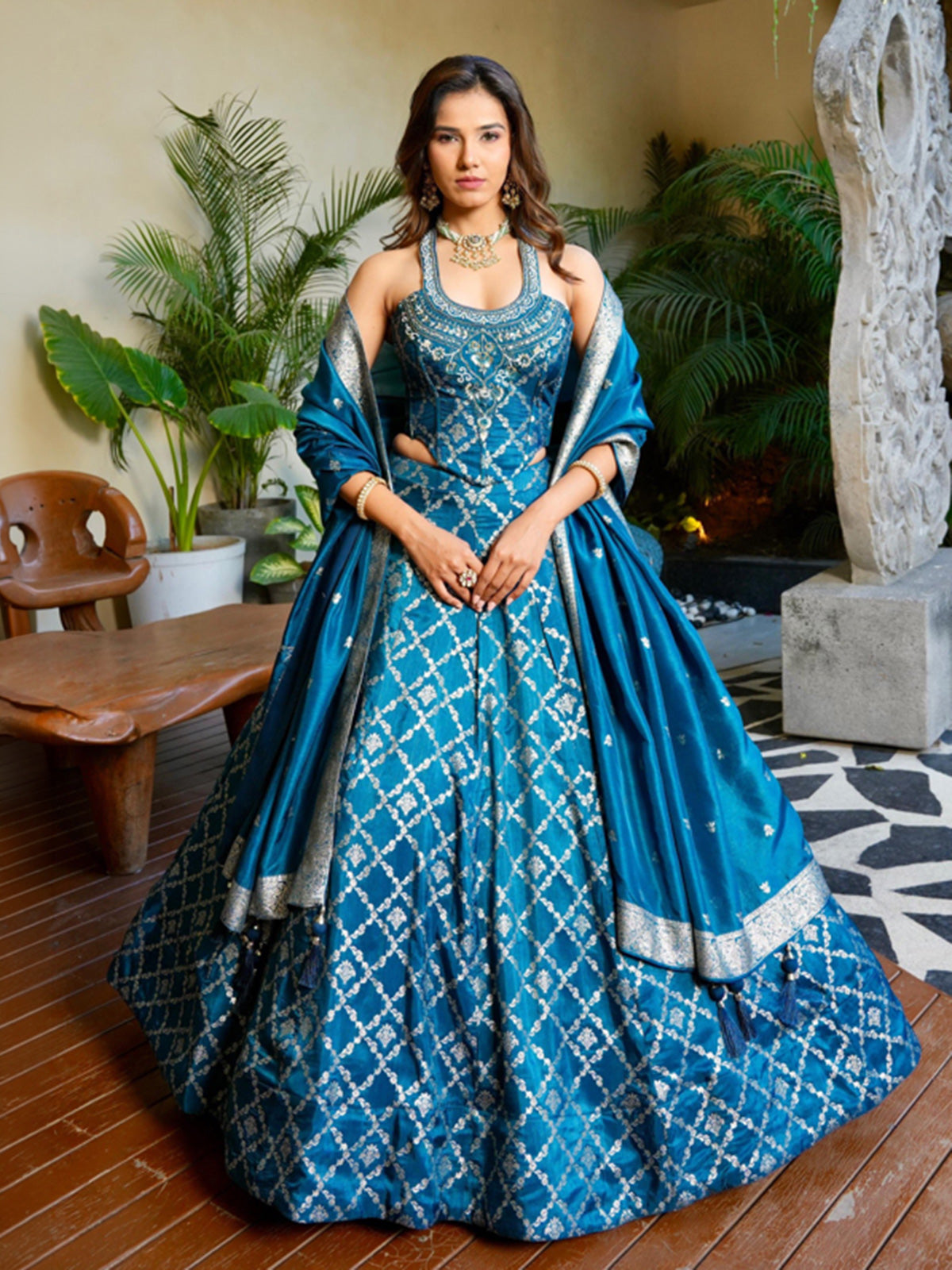 Blue silk lehenga choli with zari embellished elegance