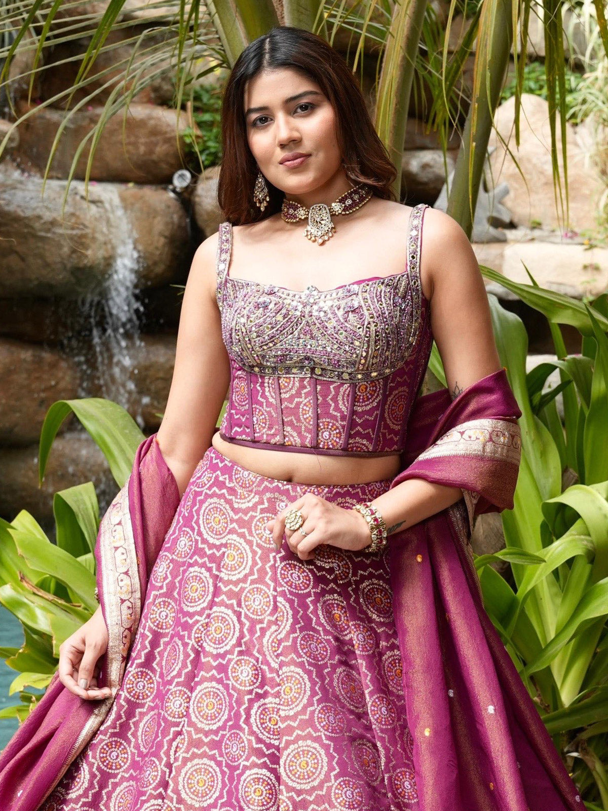 Purple bandhej silk lehenga choli with mirror detailing