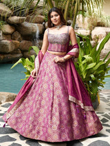 Purple bandhej silk lehenga choli with mirror detailing