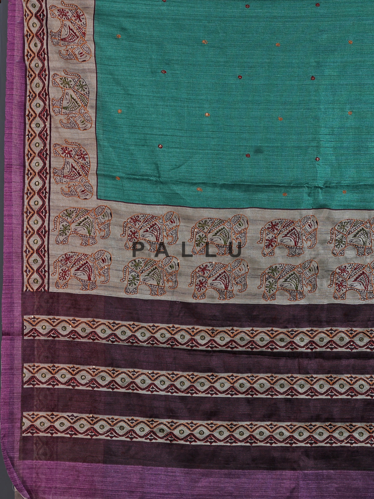 Peacock green cotton silk saree with elephant motifs