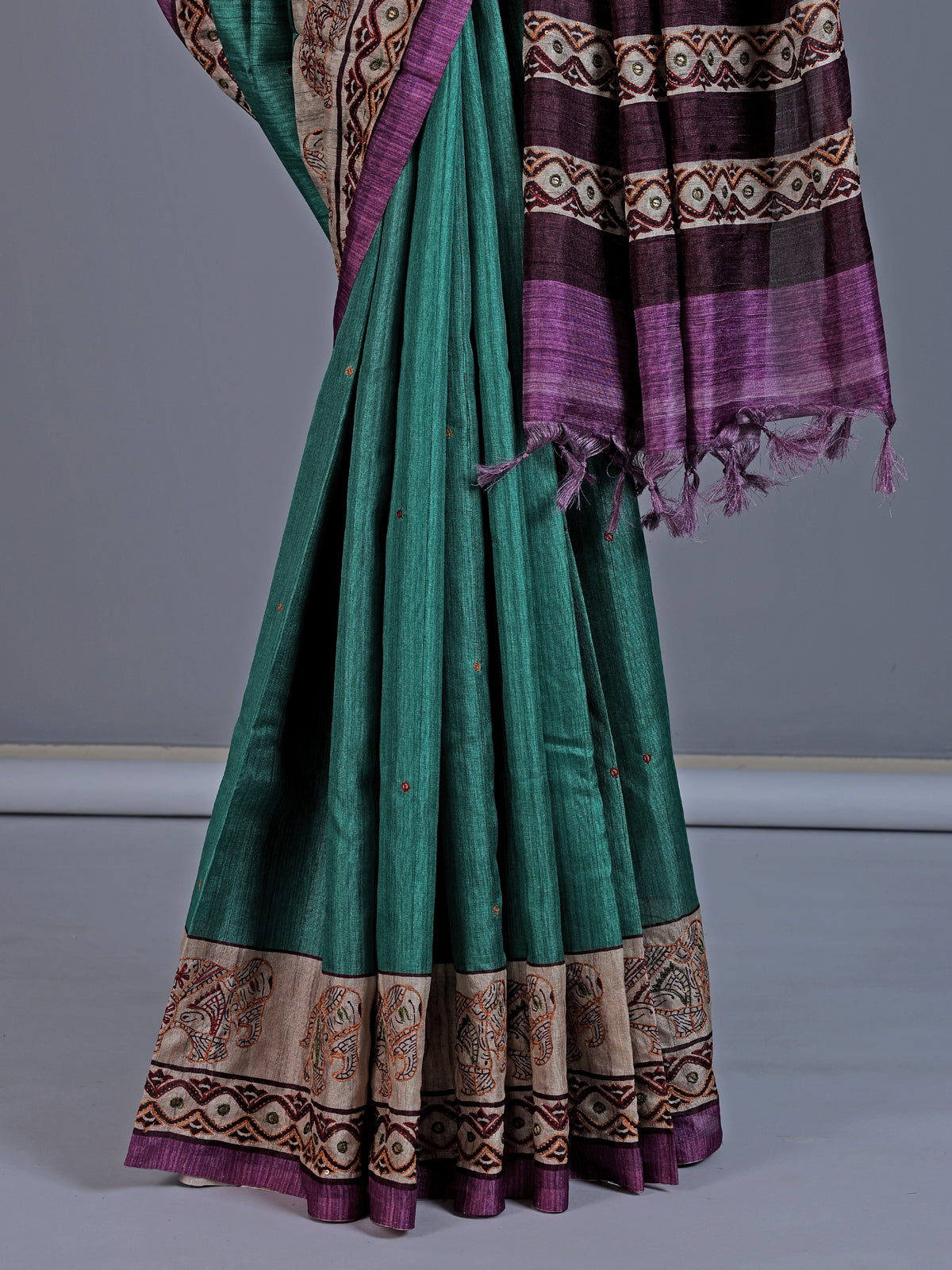 Peacock green cotton silk saree with elephant motifs
