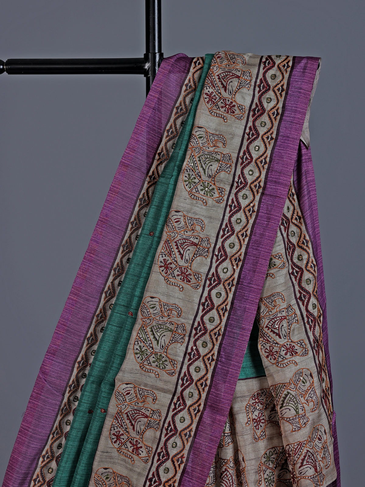 Peacock green cotton silk saree with elephant motifs