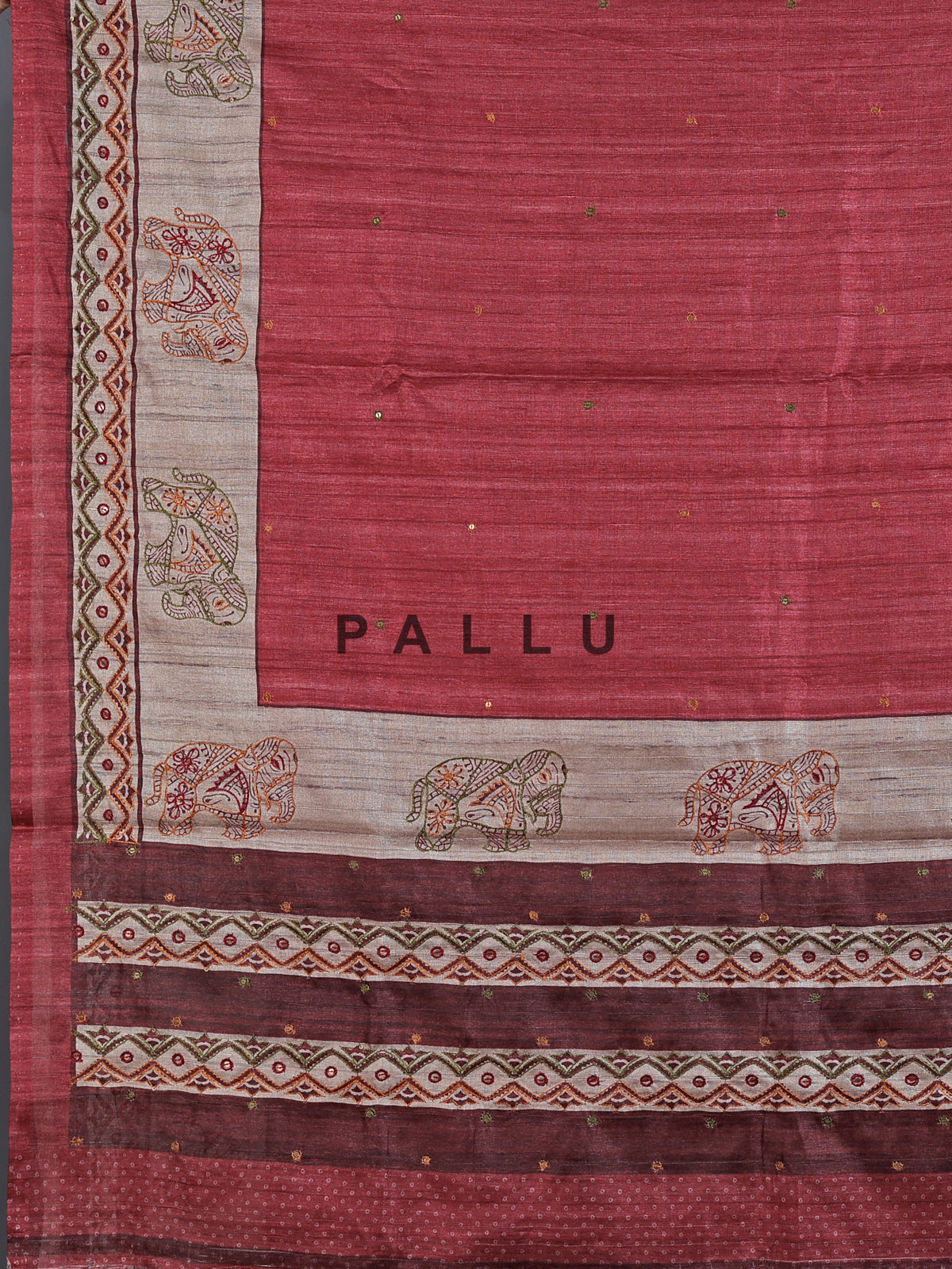 Maroon cotton silk saree with elephant motifs