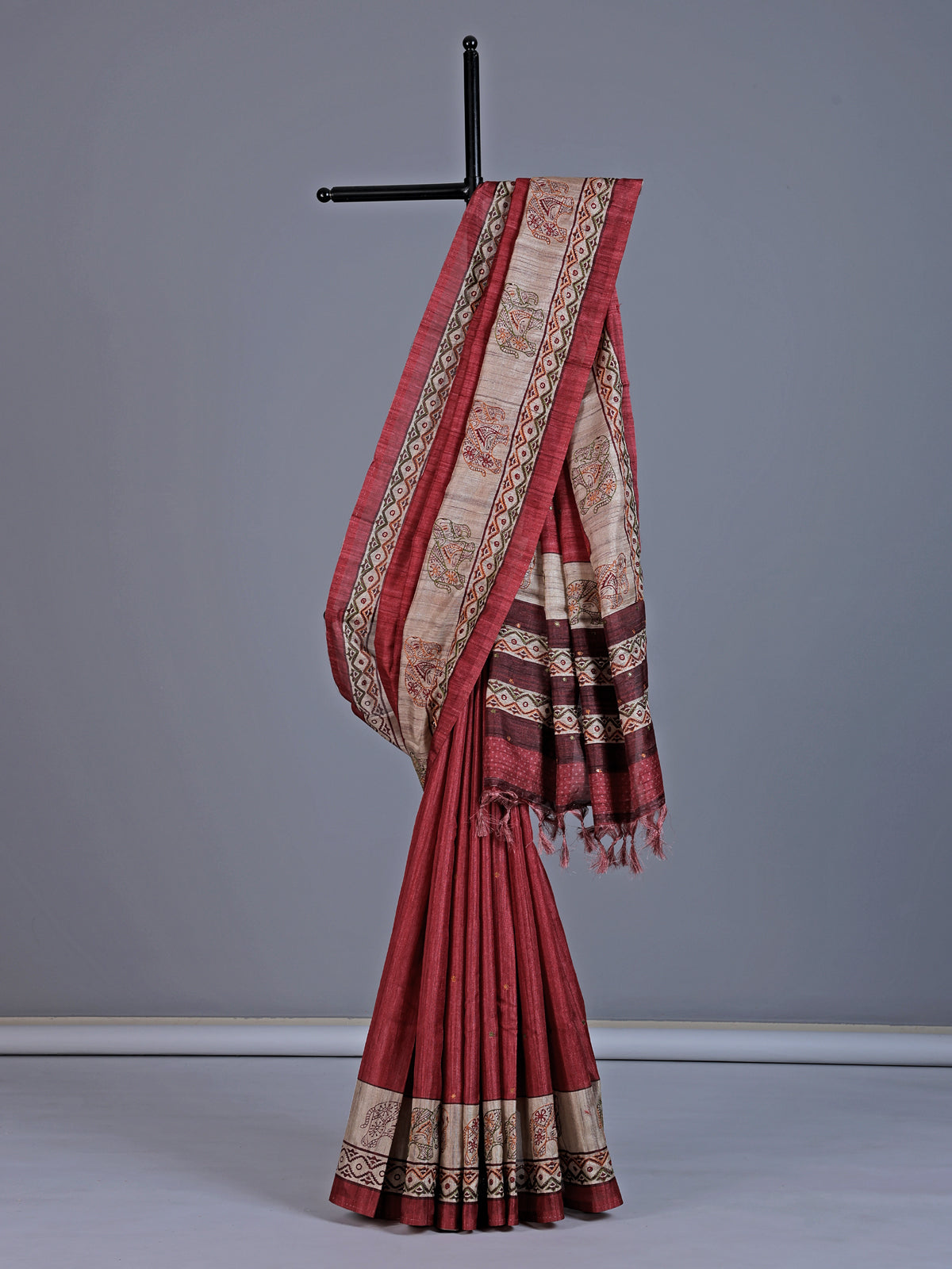 Maroon cotton silk saree with elephant motifs