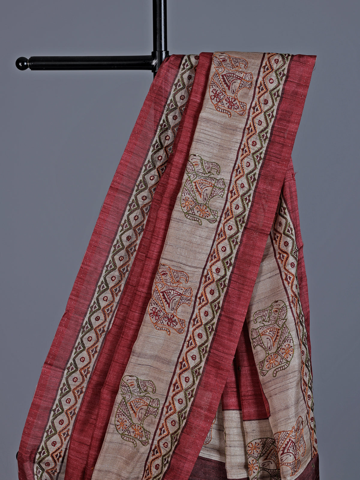 Maroon cotton silk saree with elephant motifs