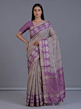 Beige cotton silk saree with patch zari work