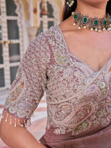 Mauve shimmer tissue silk saree with sequin jaal embroidery