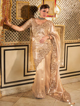 Gold shimmer tissue silk saree with subtle textured drape