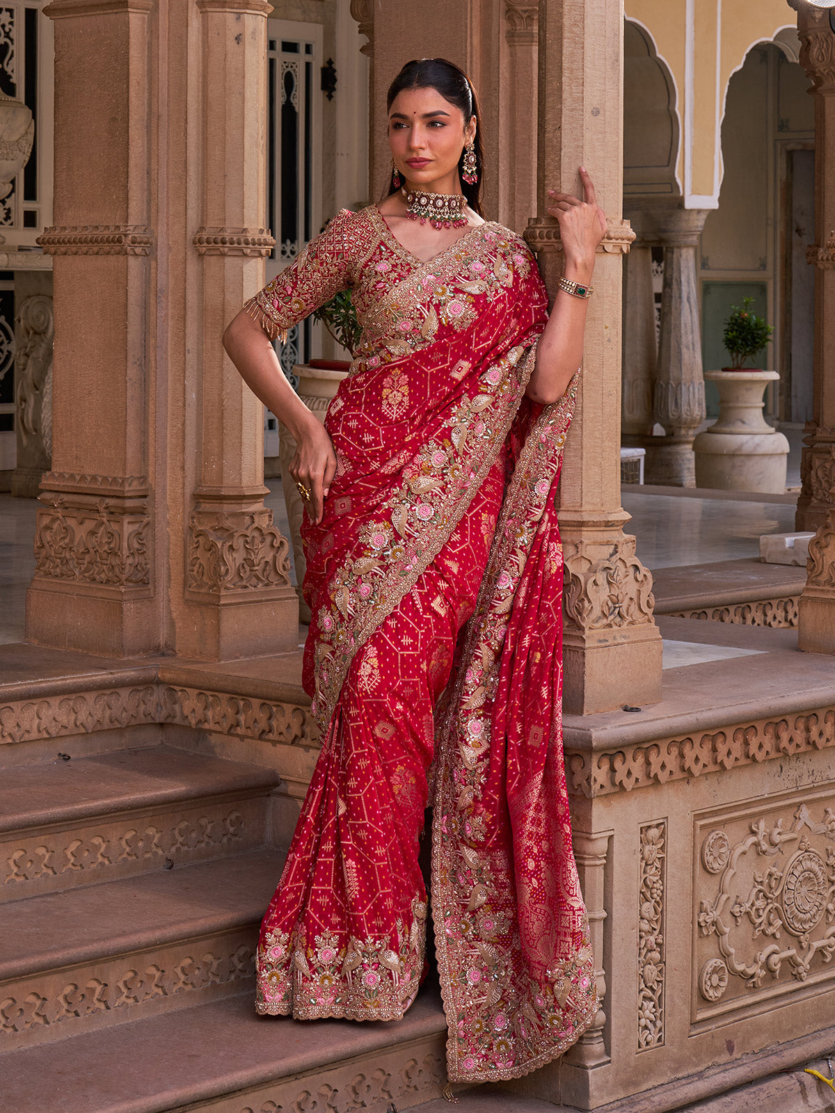 Crimson red silk georgette saree with peacock embroidery work