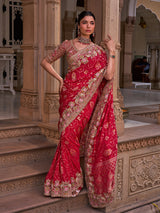 Crimson red silk georgette saree with peacock embroidery work