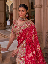 Crimson red silk georgette saree with peacock embroidery work