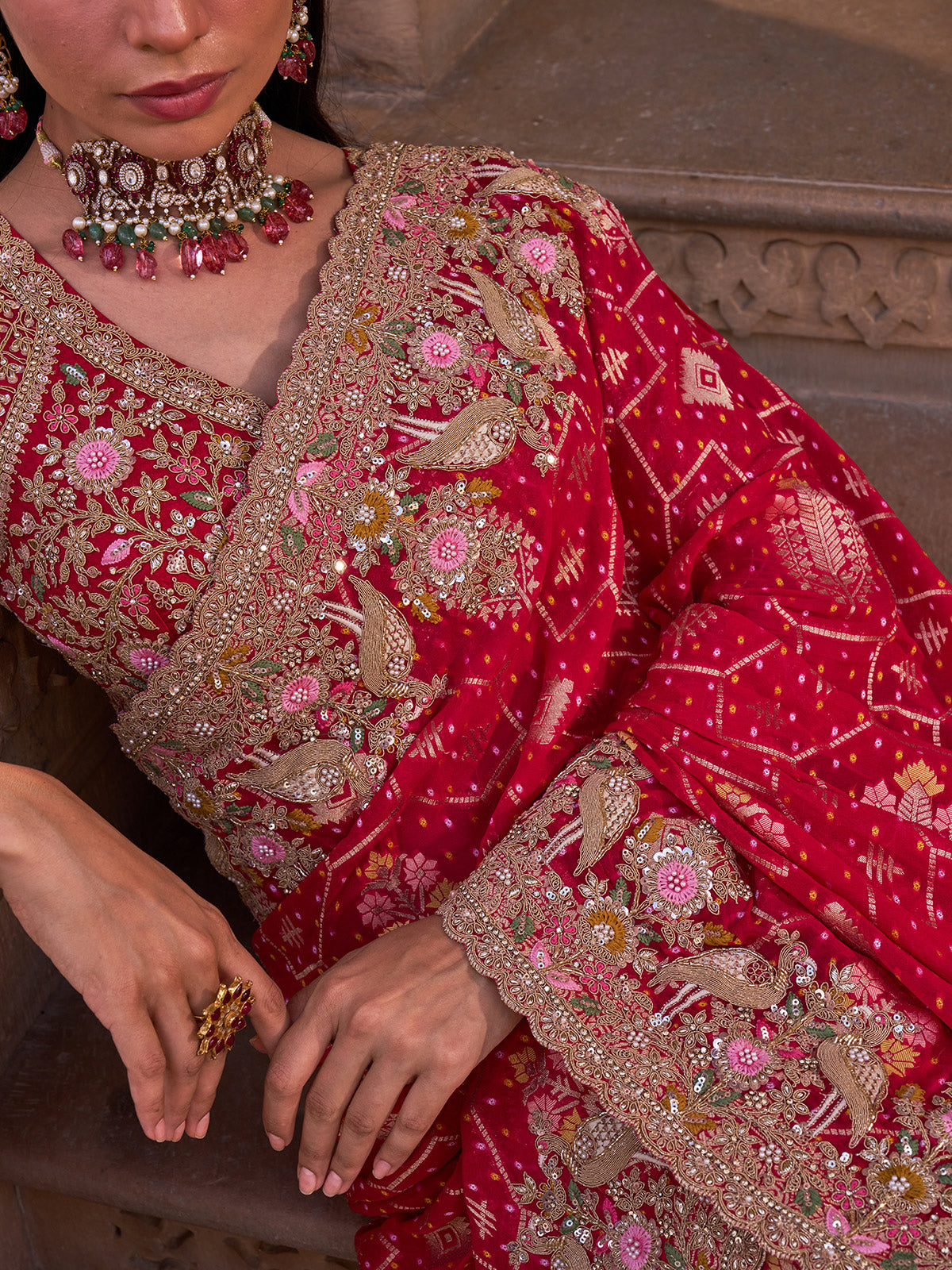 Crimson red silk georgette saree with peacock embroidery work