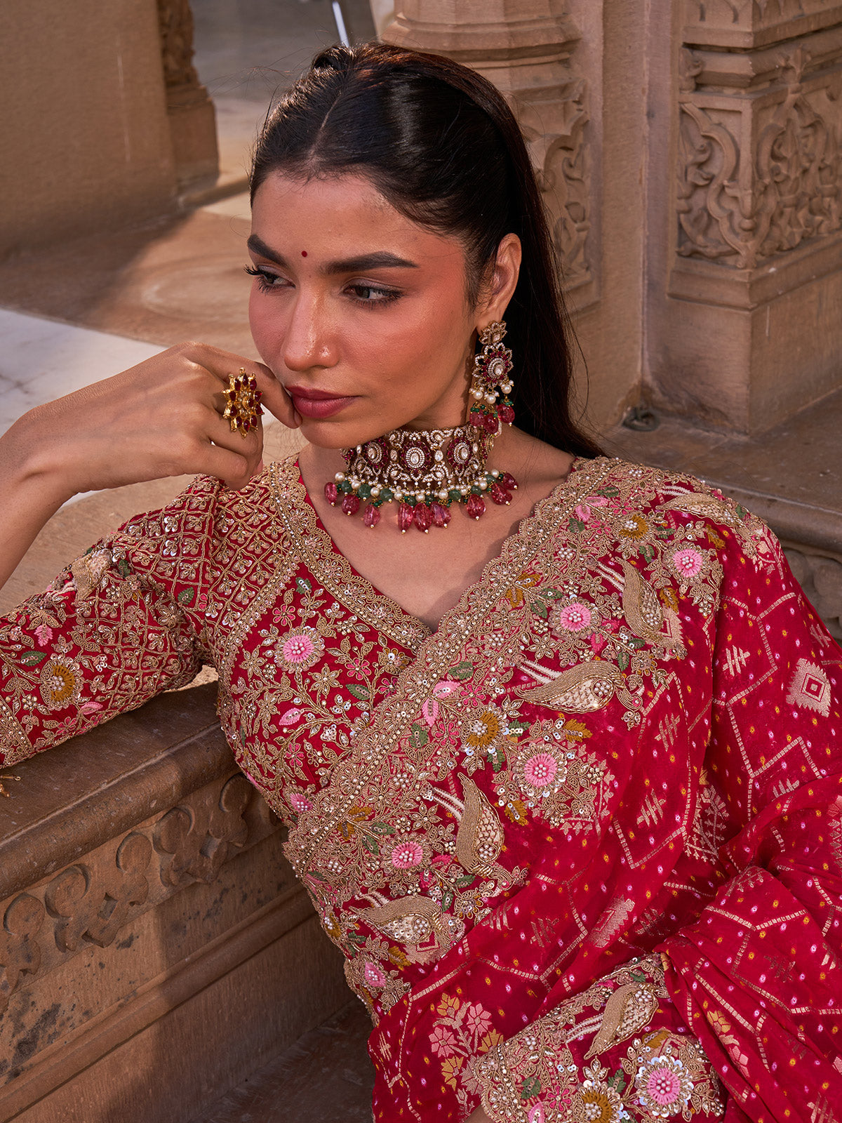 Crimson red silk georgette saree with peacock embroidery work