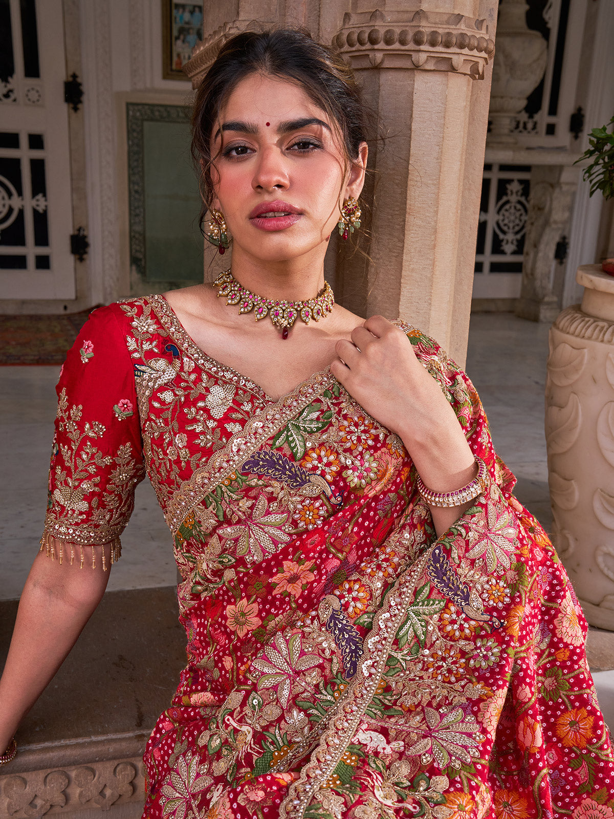 Fuchsia pink georgette saree with multicolor resham embroidery