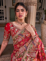 Fuchsia pink georgette saree with multicolor resham embroidery