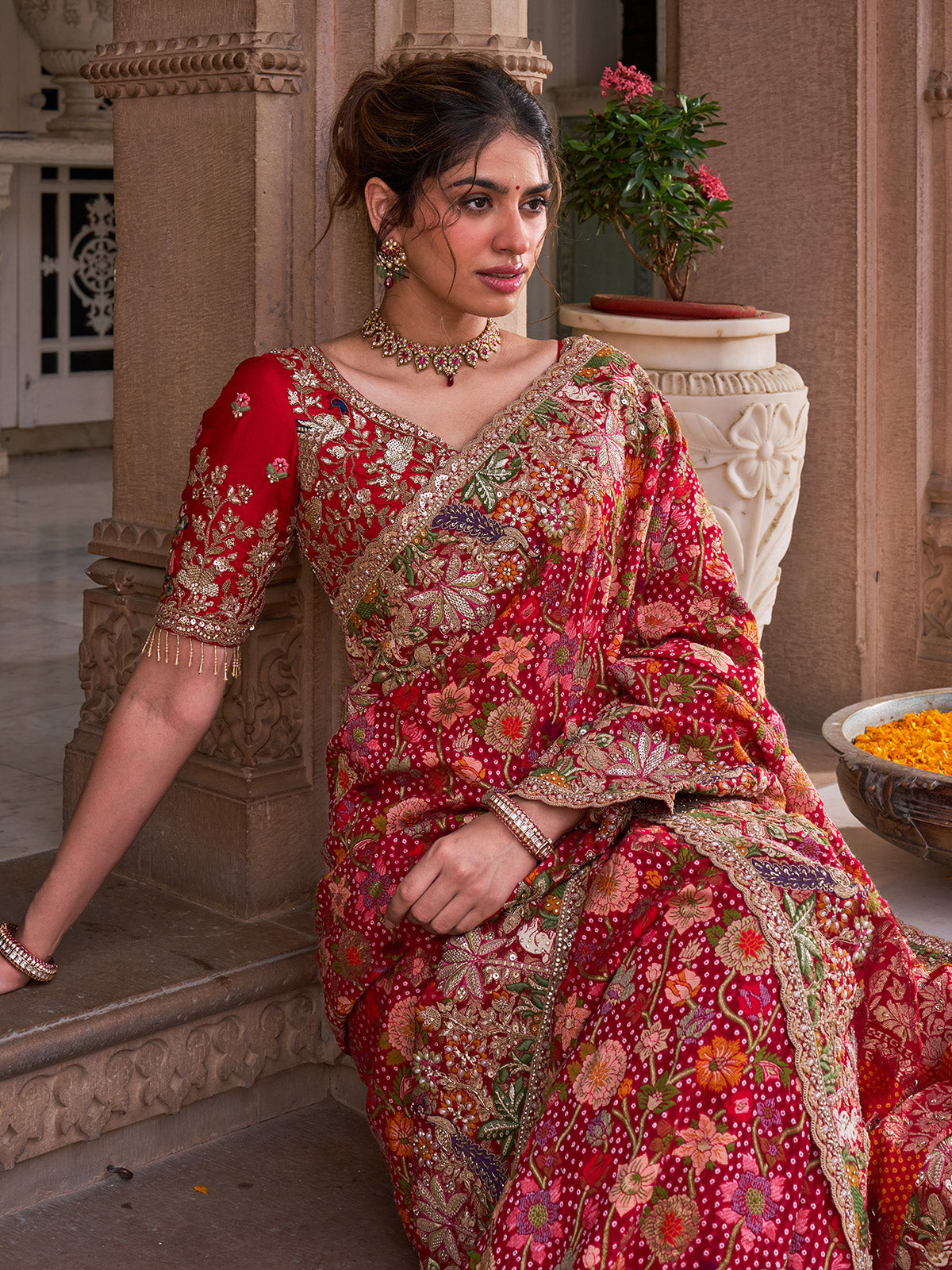 Fuchsia pink georgette saree with multicolor resham embroidery