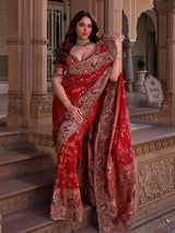 Scarlet red silk georgette saree with bandhani zari pallu