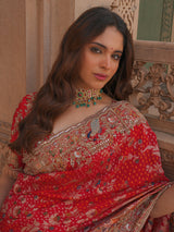 Scarlet red silk georgette saree with bandhani zari pallu